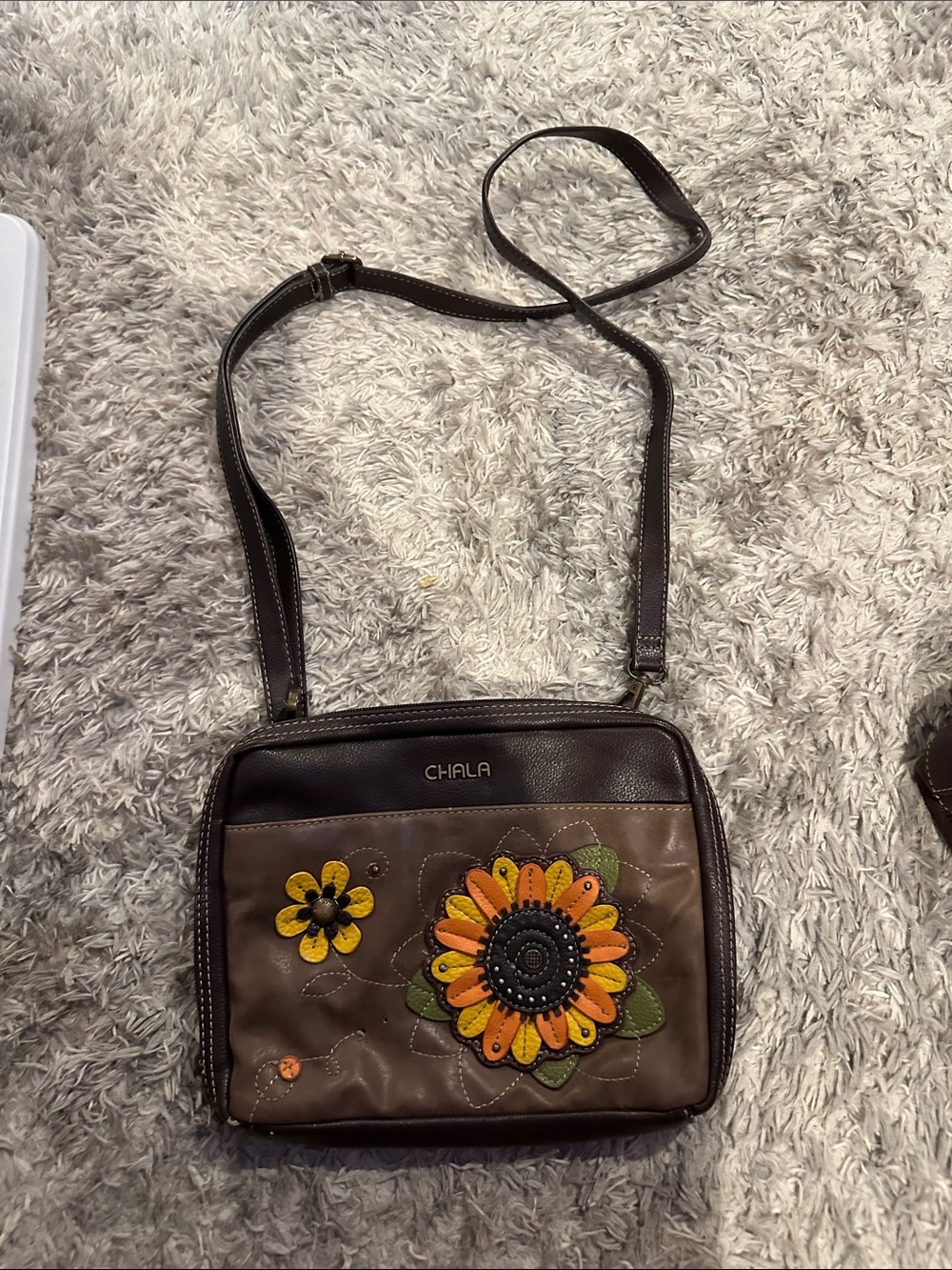 Chala Brown Crossbody Shoulder Bag with Orange & Yellow Floral Applique
